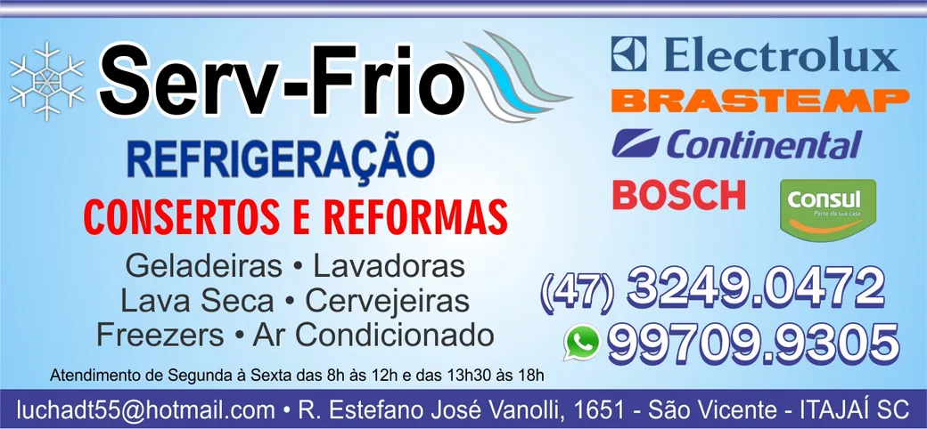CONSERTO DE GELADEIRA SERV FRIO REFRIGERAÇÃO ITAJAÍ SC